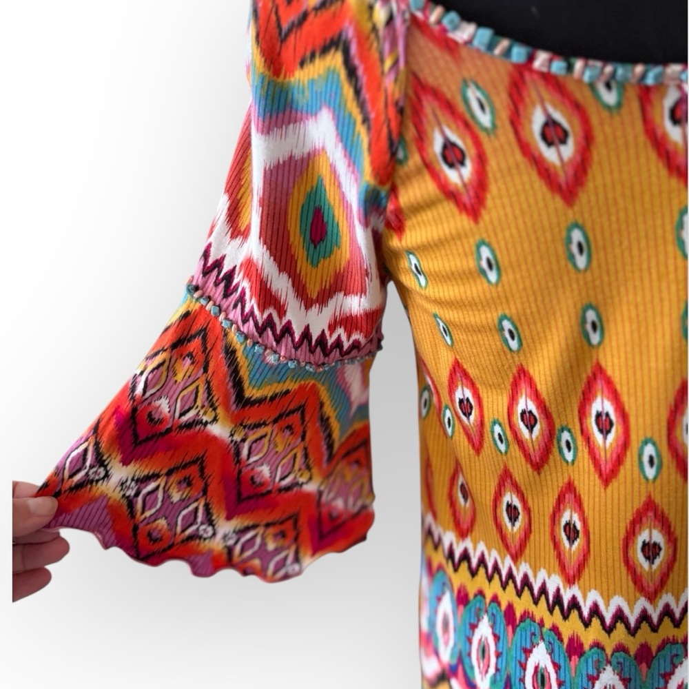 Joyous and Free Colorful Beaded Boho Aztec Tunic Dress 3/4 Bell Sleeves Size M